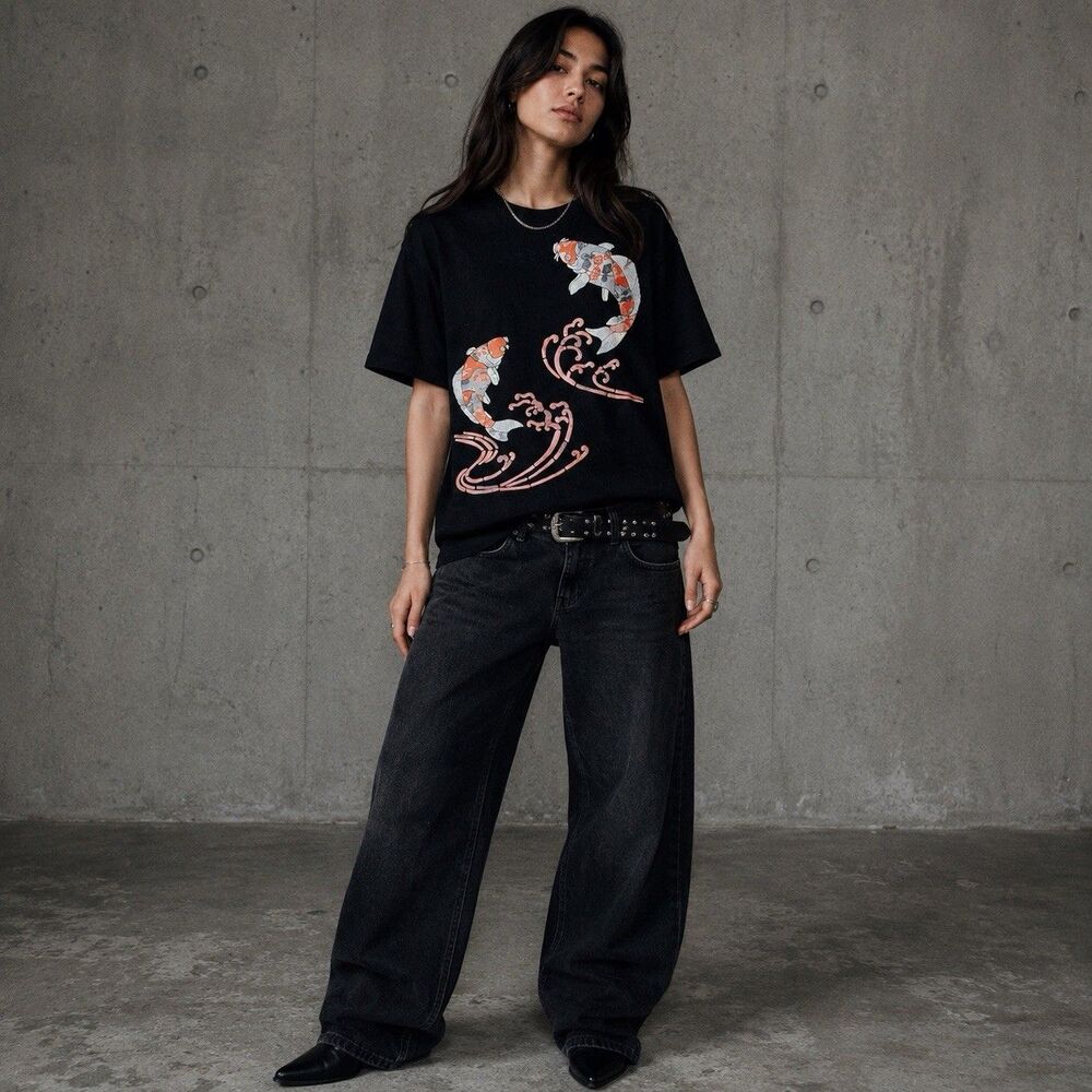 Mukashi Mukashi Koi Fish T Shirt Sz S Black Patchwork Applique Made Japan